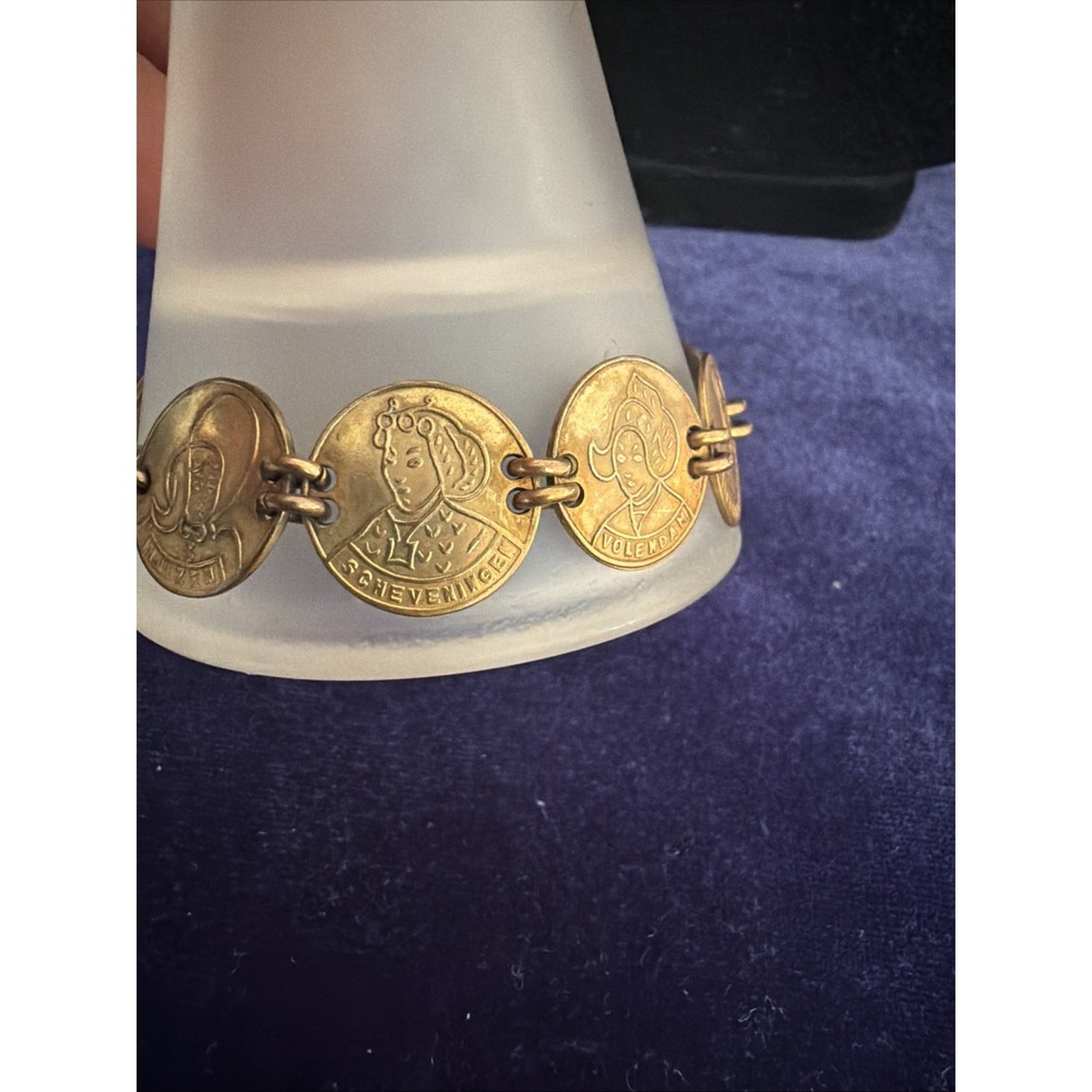 Vintage Dutch Folk Attire Coin Link  Bracelet Gold Tone Copper Friesland 7"